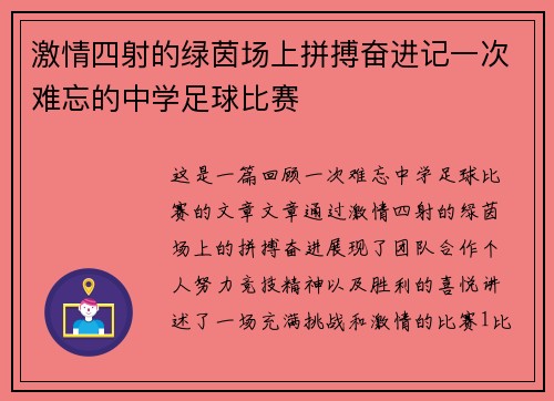 激情四射的绿茵场上拼搏奋进记一次难忘的中学足球比赛