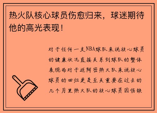 热火队核心球员伤愈归来，球迷期待他的高光表现！
