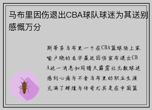 马布里因伤退出CBA球队球迷为其送别感慨万分