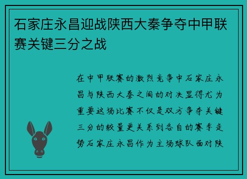石家庄永昌迎战陕西大秦争夺中甲联赛关键三分之战