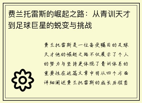 费兰托雷斯的崛起之路：从青训天才到足球巨星的蜕变与挑战
