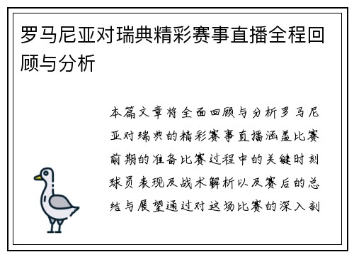 罗马尼亚对瑞典精彩赛事直播全程回顾与分析