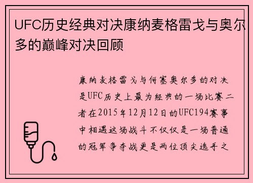 UFC历史经典对决康纳麦格雷戈与奥尔多的巅峰对决回顾