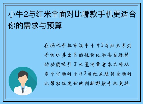 小牛2与红米全面对比哪款手机更适合你的需求与预算