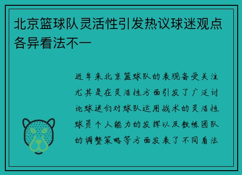 北京篮球队灵活性引发热议球迷观点各异看法不一