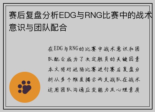 赛后复盘分析EDG与RNG比赛中的战术意识与团队配合